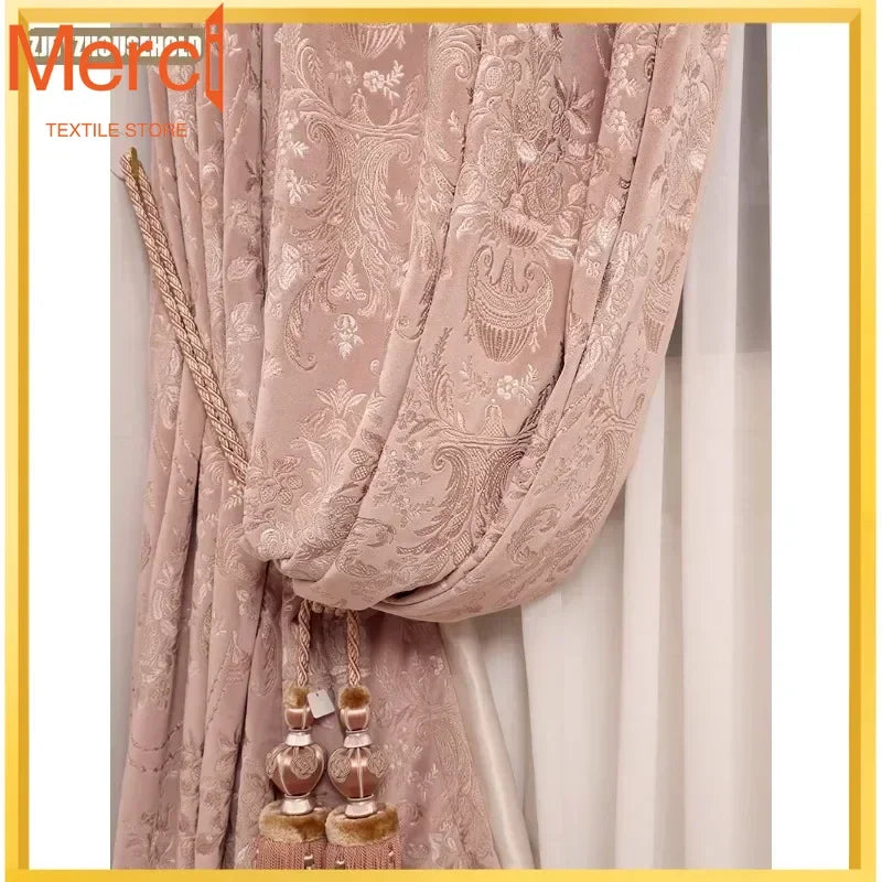rideau velours rose pâle broderie florale classique occultant salon chambre maison luxe