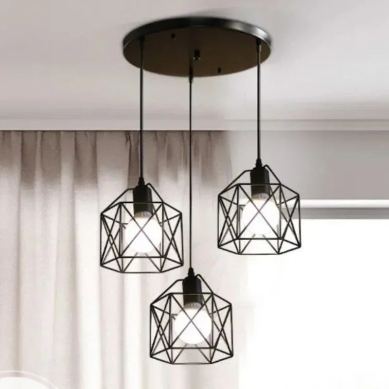 suspension lumineuse industrielle noir grille géométrique opacité ampoules e27