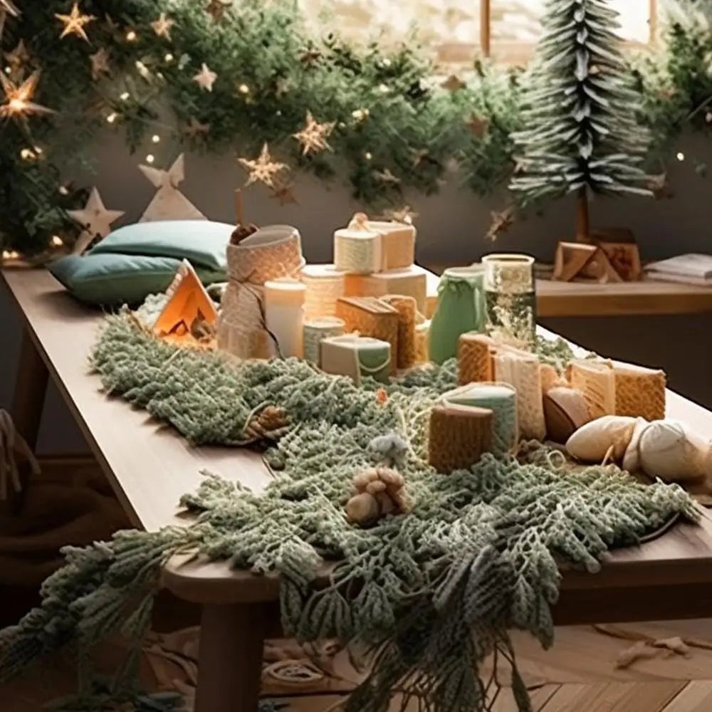 guirlande decorative noel vert neige branches feuillues vase panier osier festive rustique