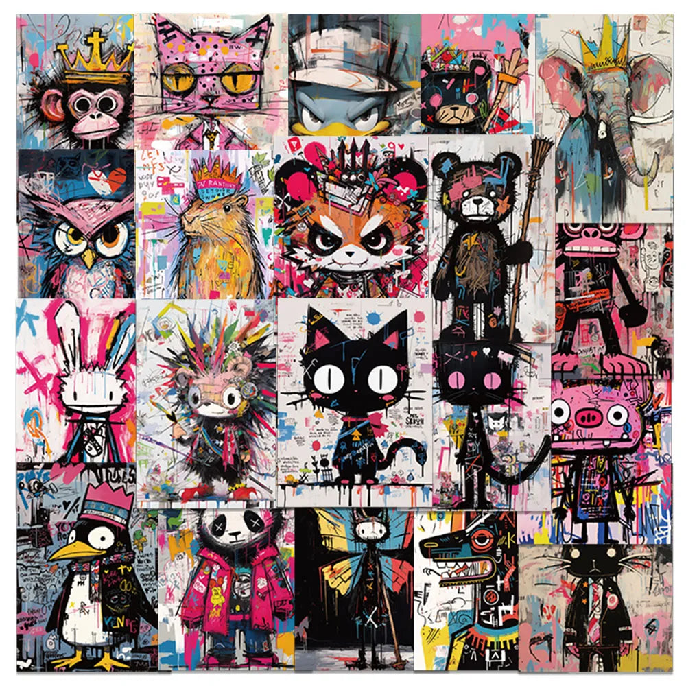 autocollants animaux multicolores pop art réutilisables 50 pièces vinyle imperméables porte carte téléphone ordinateur