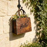sac main vintage rustique métal poignées cuir inscription hello welcome