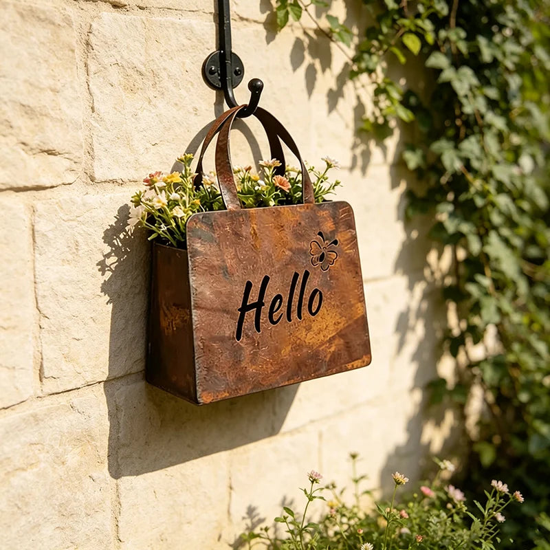 sac main vintage rustique métal poignées cuir inscription hello welcome