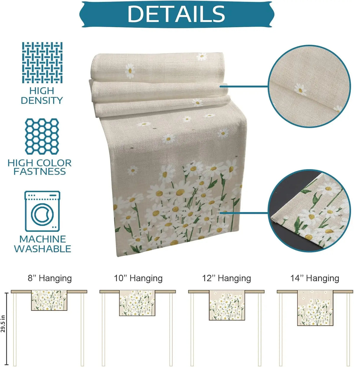 Une serviette de cuisine en tissu durable et facile à entretenir, ornée de délicates fleurs de camomille sur un motif blanc.