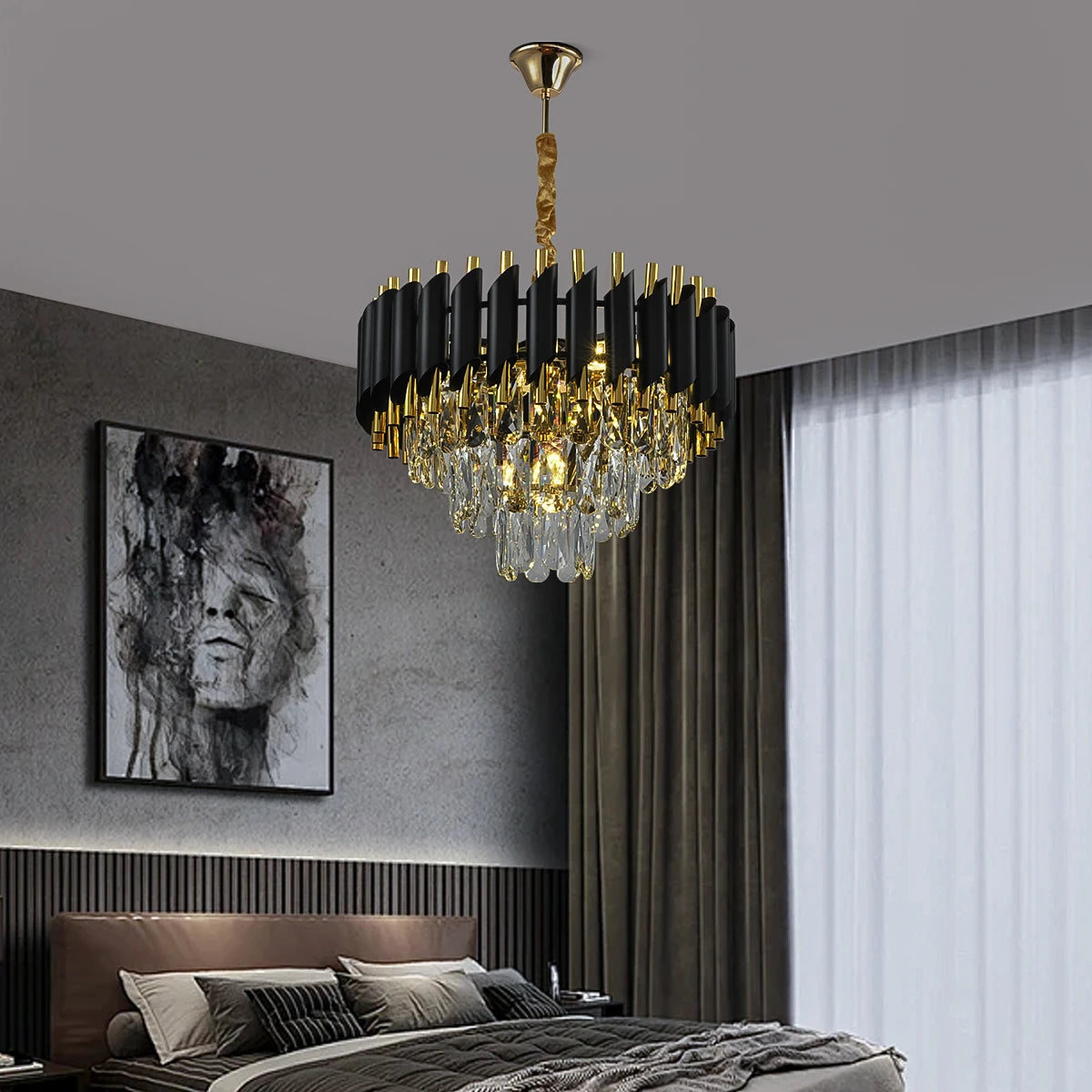 lustre contemporain élégant noir doré cristal transparent ampoules led 100cm large