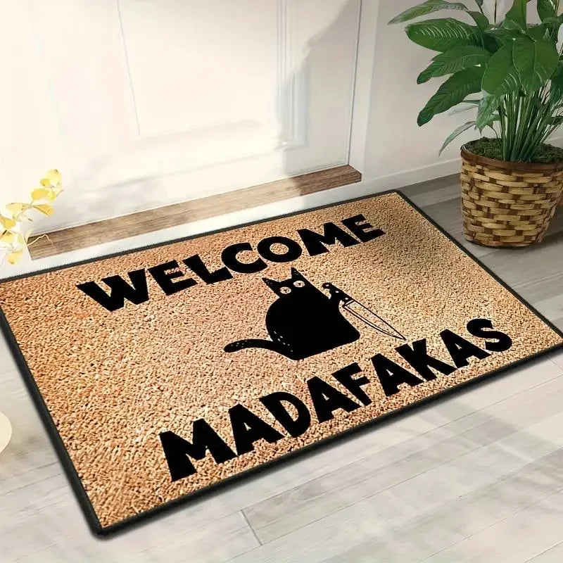 tapis d'entrée moderne antidérapant chat noir marron clair texturé bienvenu madafakas résistant saleté facile