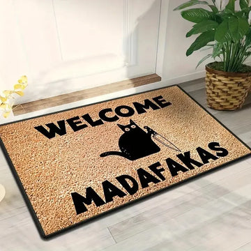 tapis d'entrée moderne antidérapant chat noir marron clair texturé bienvenu madafakas résistant saleté facile