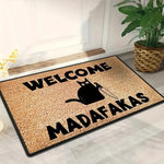tapis d'entrée moderne antidérapant chat noir marron clair texturé bienvenu madafakas résistant saleté facile