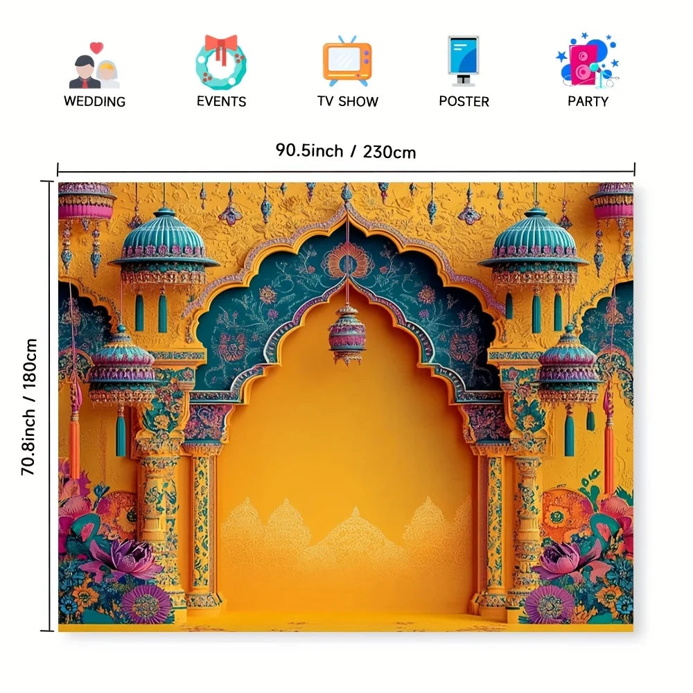 toile fond décoration murale indienne arches colonnes motifs floraux jaune orange violet occasionnelle festive