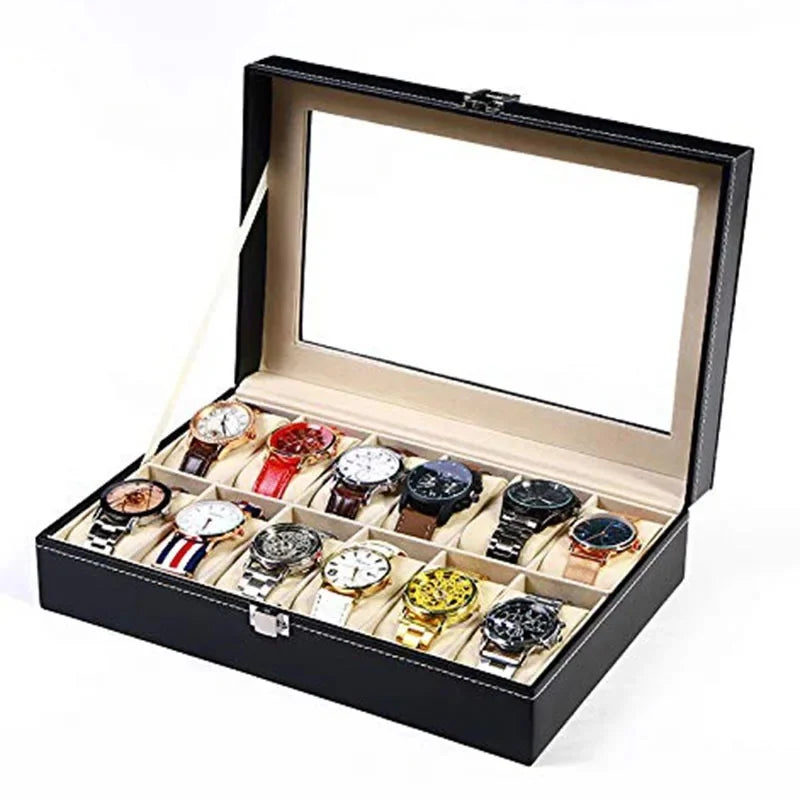 boîte rangement montres cuir noir beige classique 12 slots 30x15x11cm simili cuir cadenas
