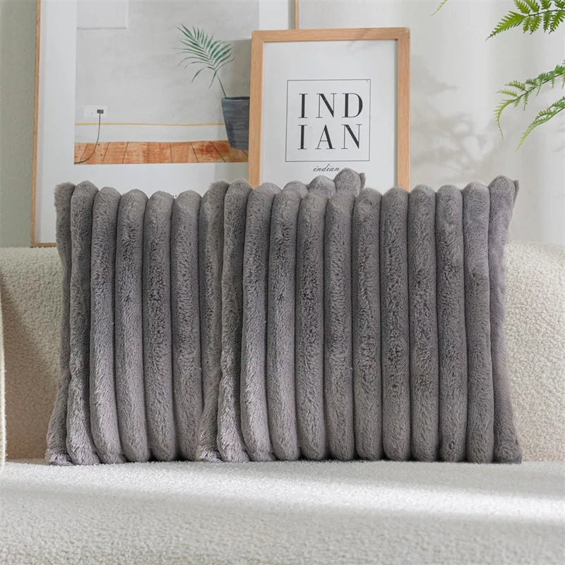 coussins décoratifs carrés rayés peluche douce moderne gris blanc cassé 45x45cm