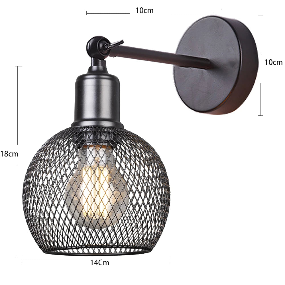 lampe murale industrielle métal noir fixée mur abat jour maille luminaire chambre coucher salon