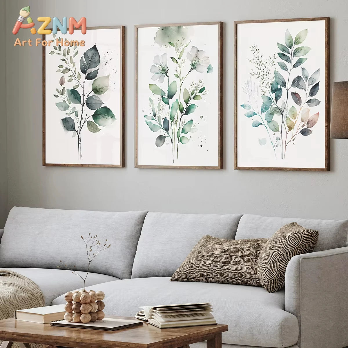 affiches art abstrait moderne feuilles eucalyptus vert gris blanc salon décoration minimaliste toile