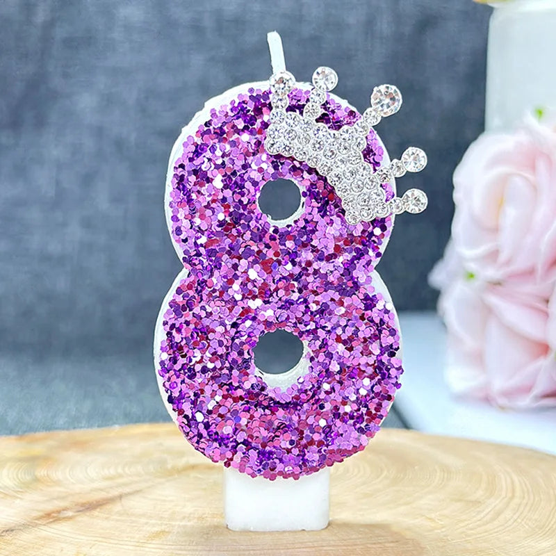 bougies anniversaire chiffre violet paillettes décoratives brillantes tringle fixations transparentes