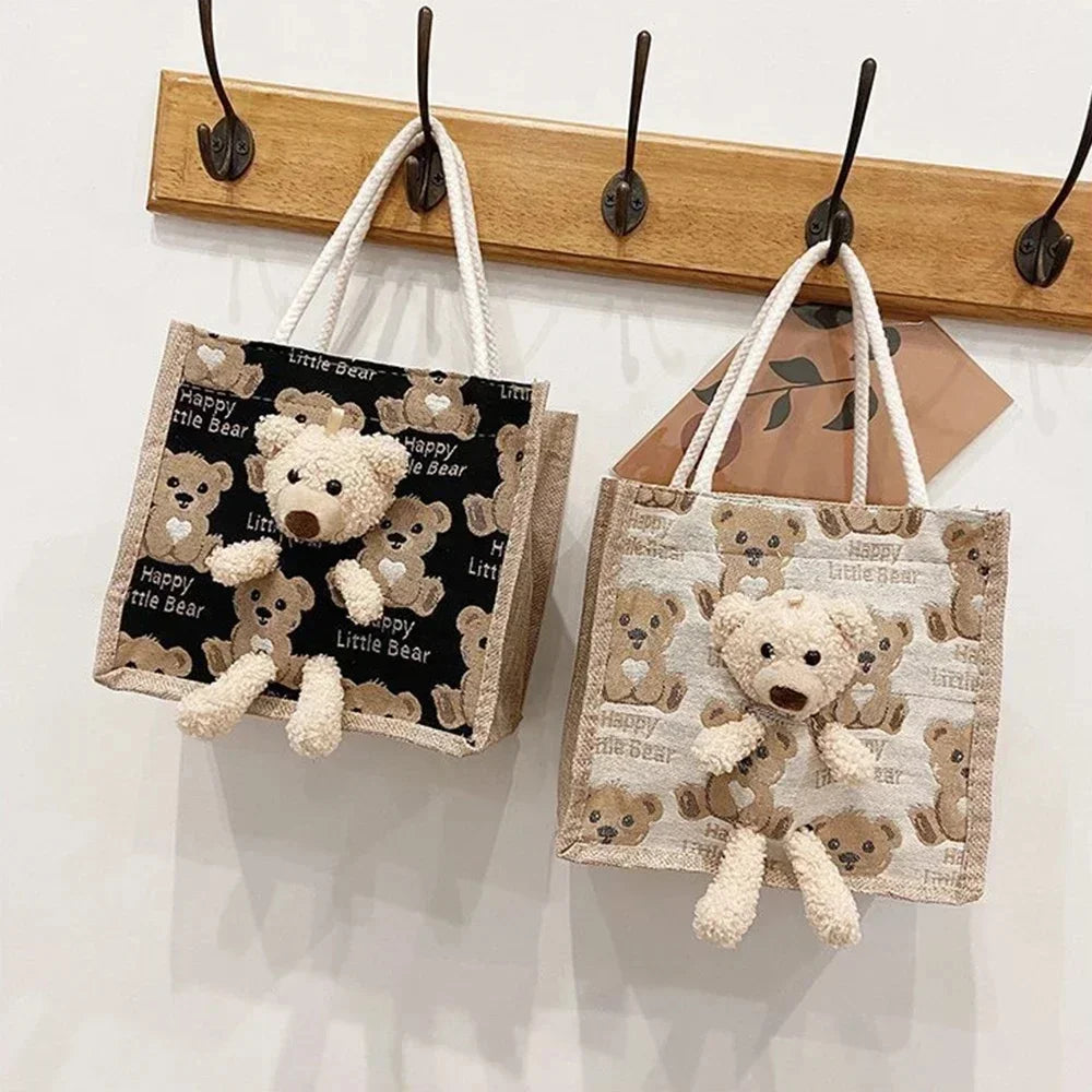 sac main toile vache motif moderne ours peluche poignées corde blanc noir tendance portable