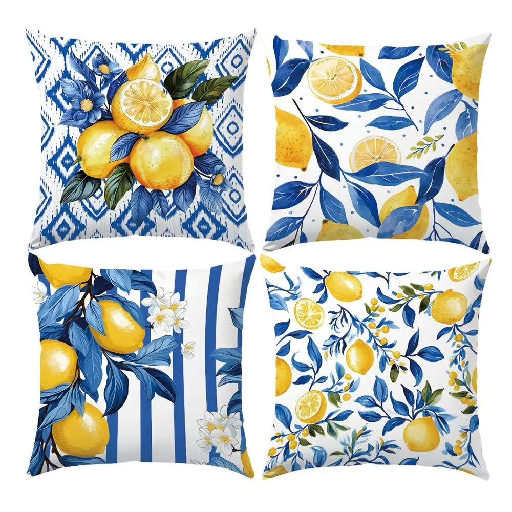 taies d'oreiller coton bleu citron modernes motif feuilles respectueux environnement pièces