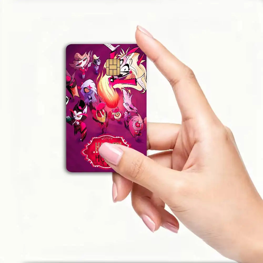 autocollant carte bancaire hazbin personnages dessin animé bleu violet rouge pop art