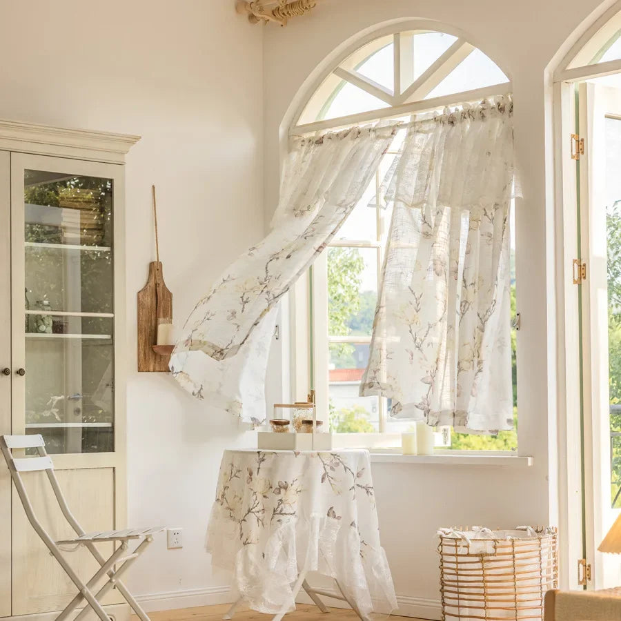 rideau fleur blanc translucide romantique maison inclusion polyester