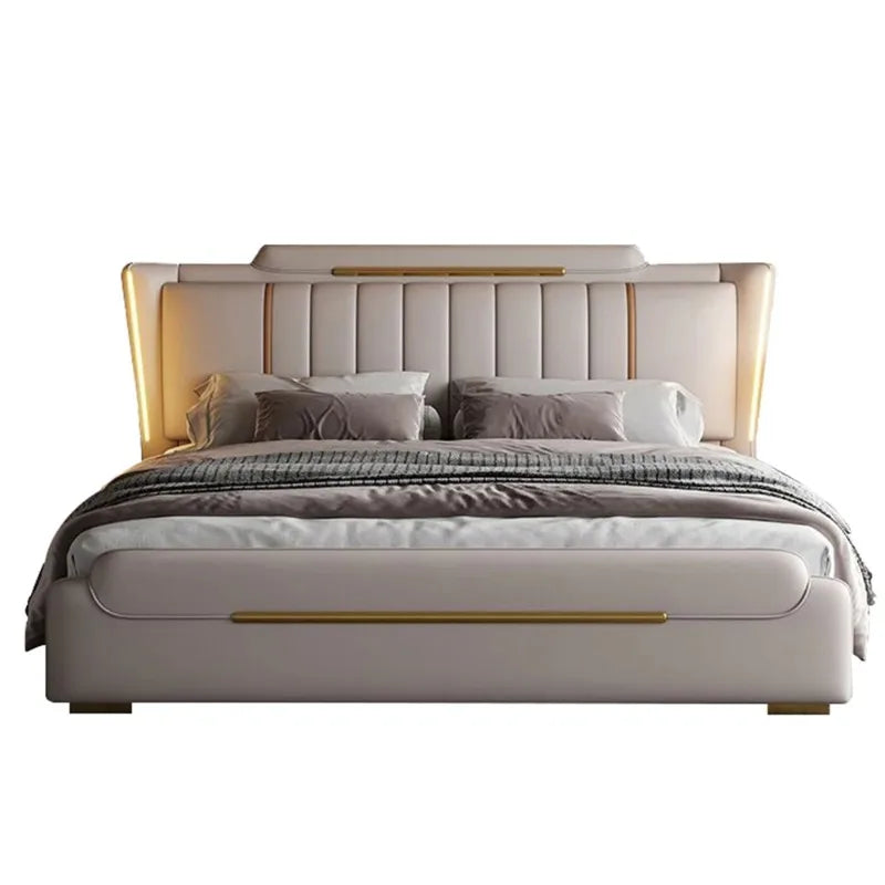 lit moderne bois simili cuir beige vertical doré intérieur 150cmextérieur 168cmhauteur 117cmlongueur 225cm