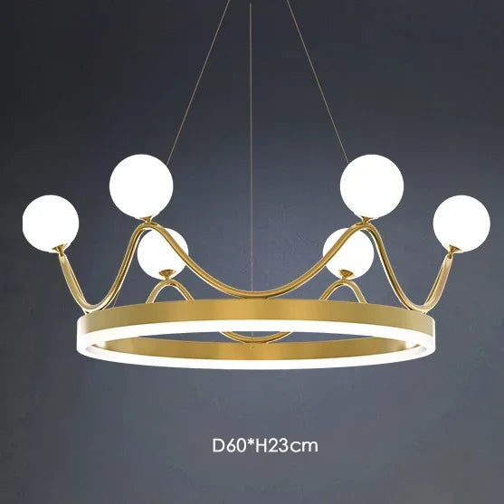 lampe suspendue moderne or blanc boules verre anneau central lumineux chaînes fixations