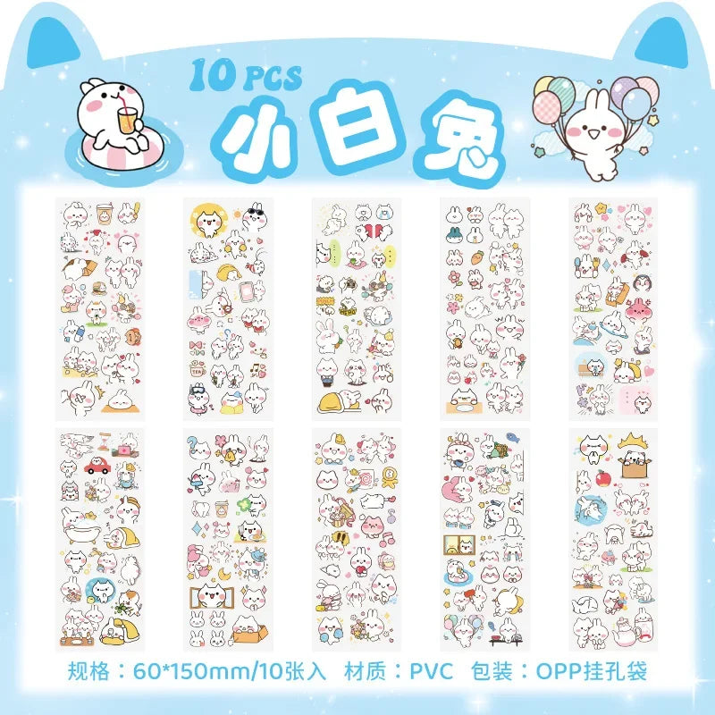 sticker kawaii adhésif dessins animés chats floraux textes scrapbooking transparent rose vert bleu blanc