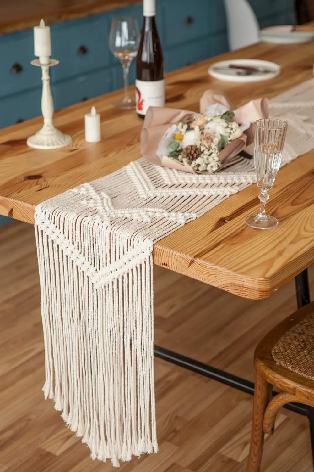 tableau chemin table coton blanc tissé main franges boho artisanal