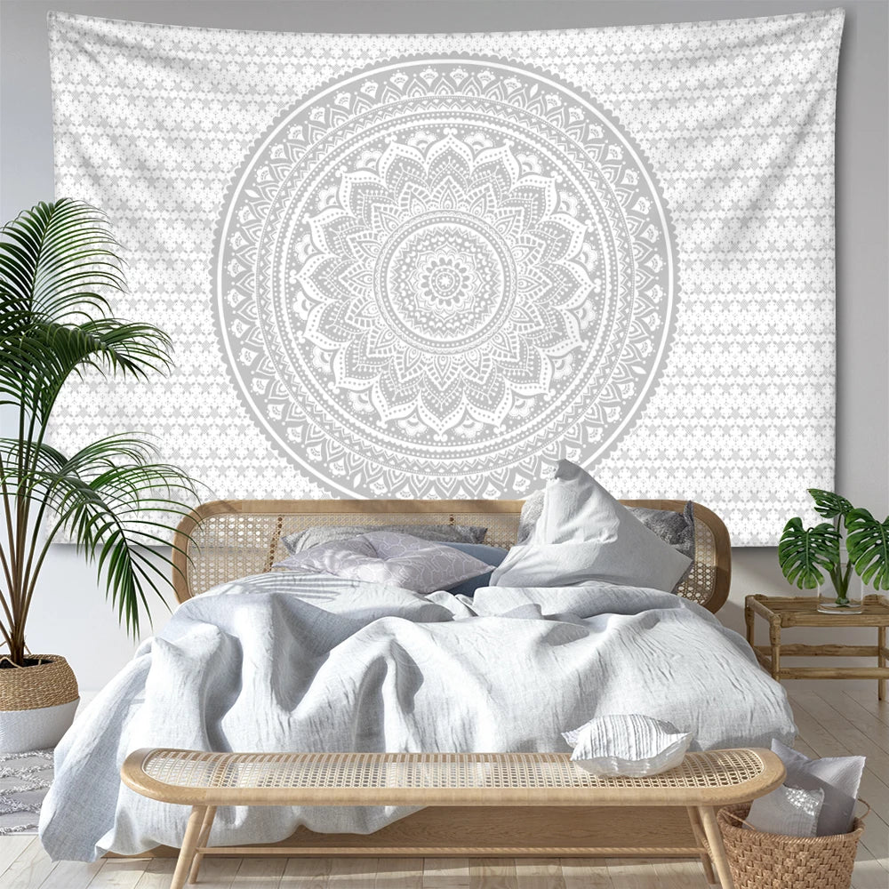 tapisserie murale mandala rayée boho ethnique beige blanc bleu clair vert clair