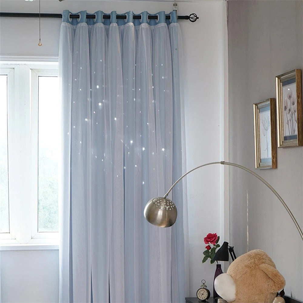 rideaux semi transparent étoiles découpées tissu plissé motif enfantin couleurs rose bleuclair