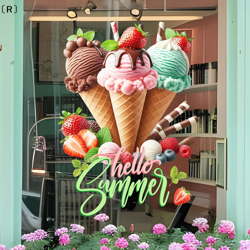 autocollants muraux décoration maison cônes glace rayures colorées fraises menthe hello summer moderne