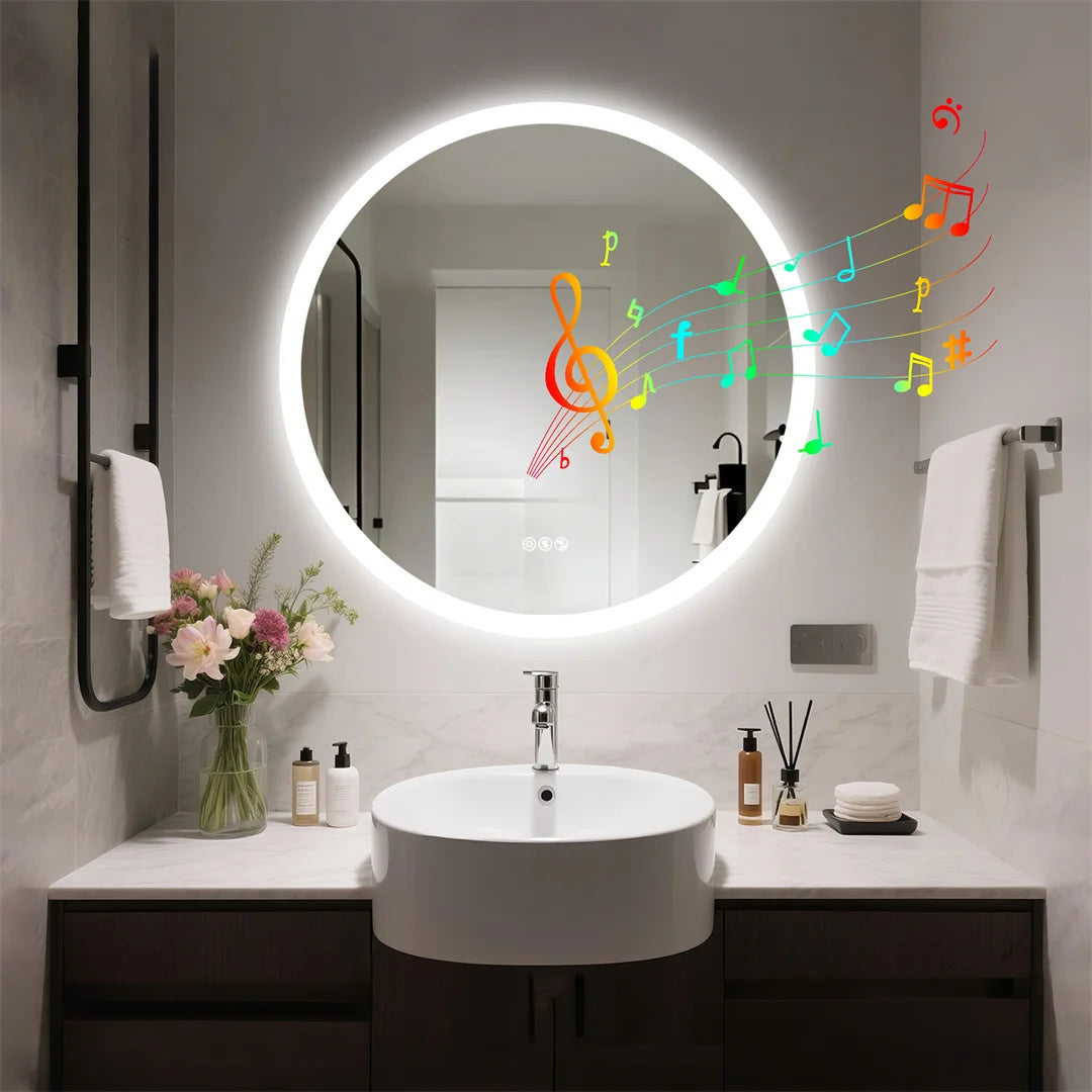miroir rond moderne blanc notes musicales éclairé bluetooth anti buée led multifonctionnel défogging adjustable