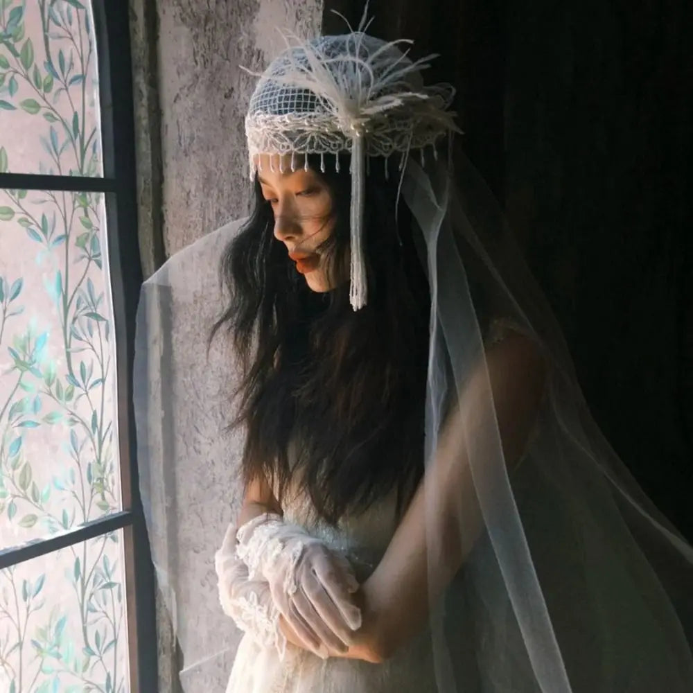 voile mariée headband dentelle plumes blanc beige vintage romantique erotique erotique erotique erotique erotique
