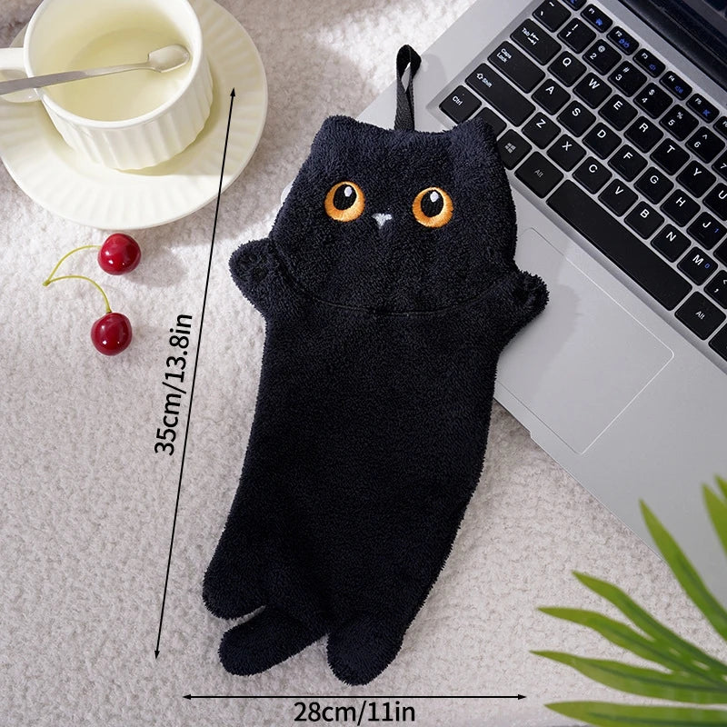 serviette toilette gant noir chat peluche super absorbante cordon cuisine salle bain
