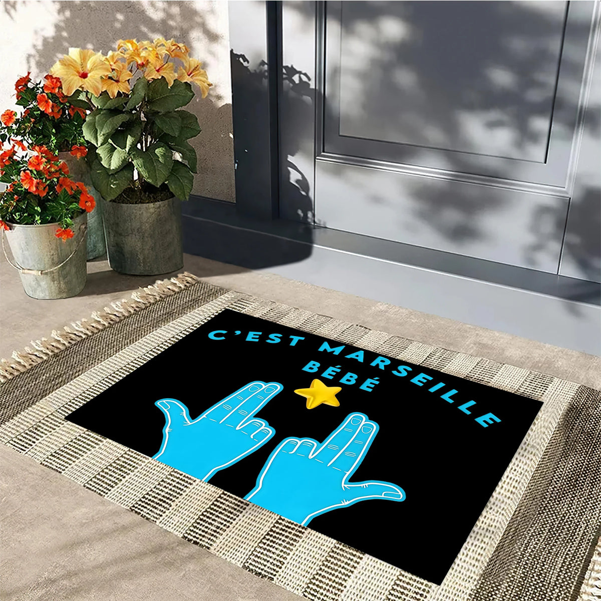 tapis graphique pop art bleu noir main étoile anti dérapant résistant extérieur intérieur porte