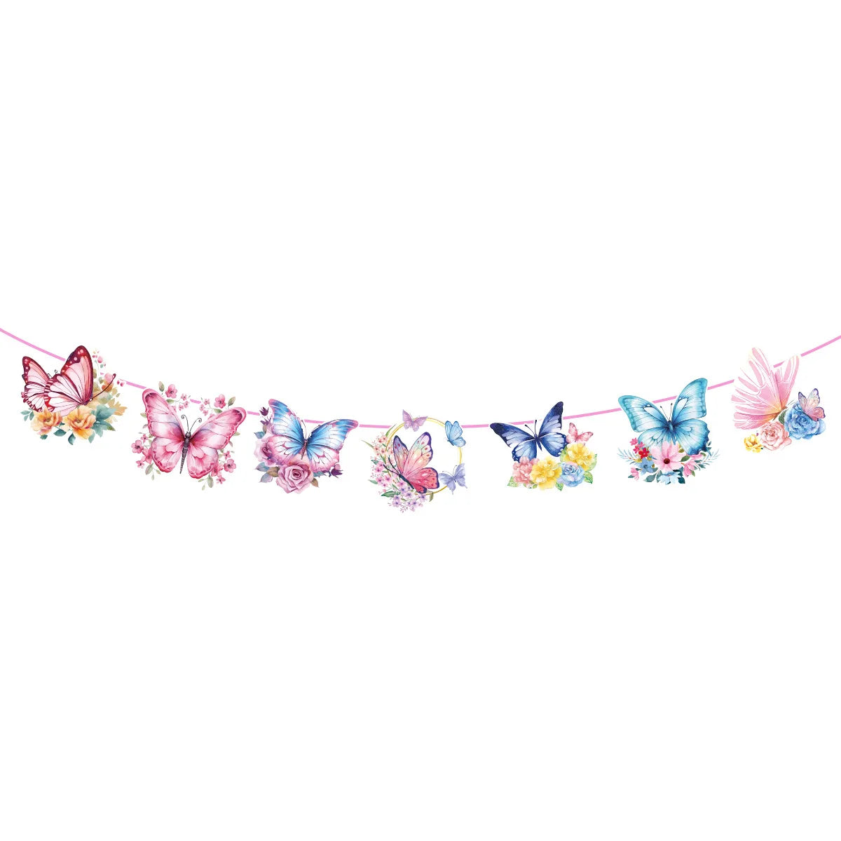 guirlande fête multicolore papillons happy birthday anniversaire enfant décoration papier bleu rose blanc festive