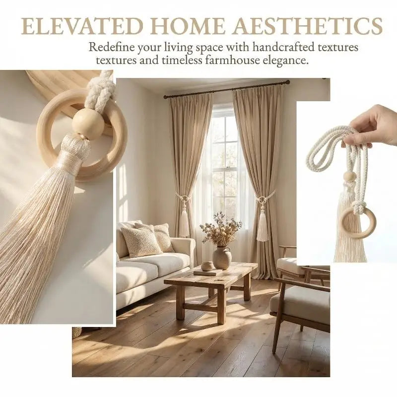 rideau moderne rustique coton anneaux bois pompon frange beigeclair