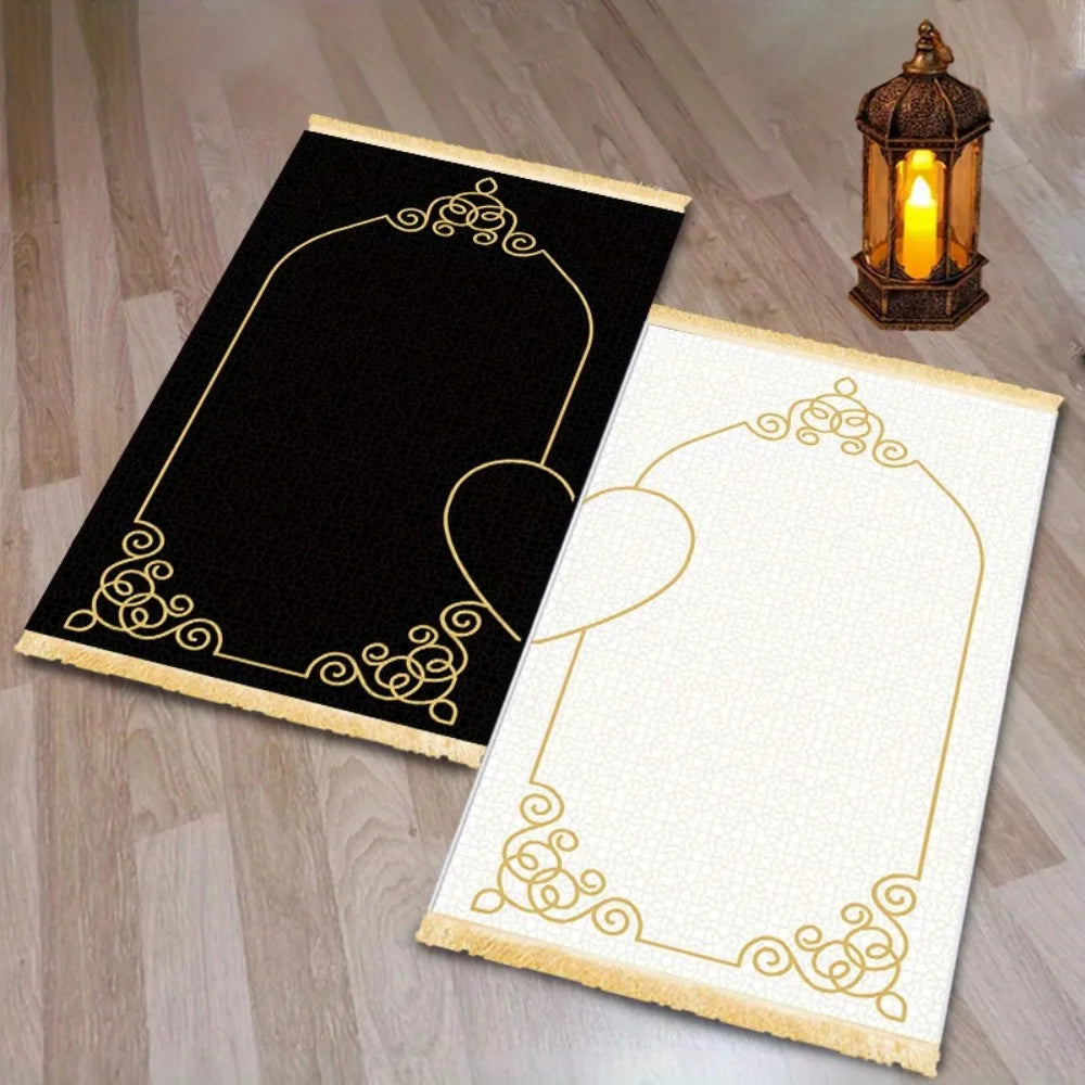 tapis noir blanc ornementation dorée classique élégant résistant décoloration polyester vinyle pliable portable prière