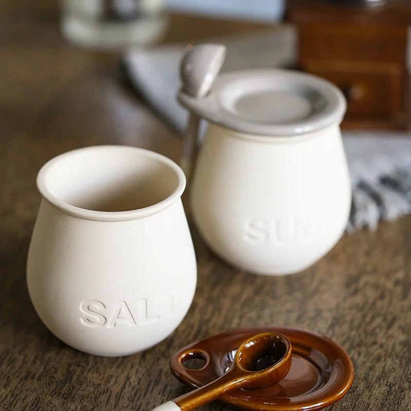 pots sel sucre céramique vintage embossé rouille crème cuillères bois fixées ensemble rustic farmhouse