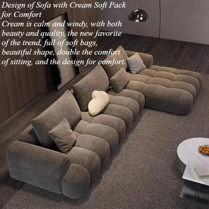 canapé moderne marron clair velours forme 300cm salon bois minimaliste coussins cœur