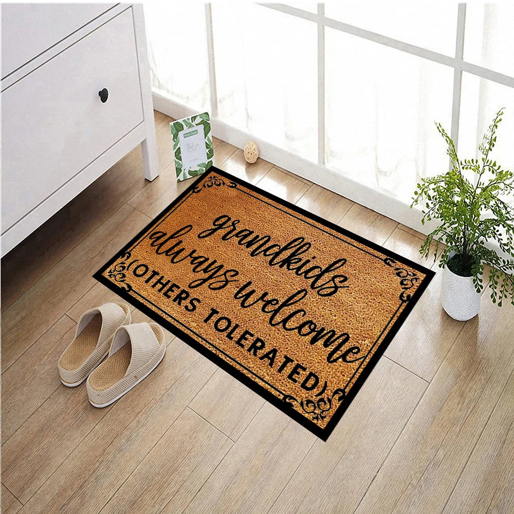 tapis d'entrée marron noir lettrage calligraphie bordure décorative résistant antibactéries antidérapant imperméable adaptableintérieurextérieur