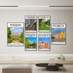 Affiche murale de voyage avec des vues de différentes villes allemandes comme Paderborn, Leverkusen, Potsdam, Osnabruck, Oldenburg et Regensburg.