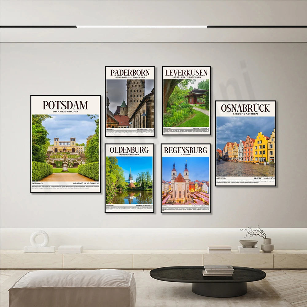 Affiche murale de voyage avec des vues de différentes villes allemandes comme Paderborn, Leverkusen, Potsdam, Osnabruck, Oldenburg et Regensburg.