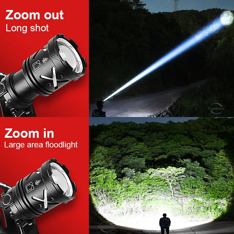 lampe frontale led noire imprimée flèches blanches chargeur usb batterie rechargeable affichage charge restante