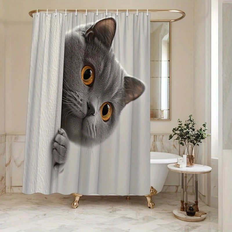 rideau douche chaton gris blanc motif humoristique moderne tringle texture polyester blanc fond