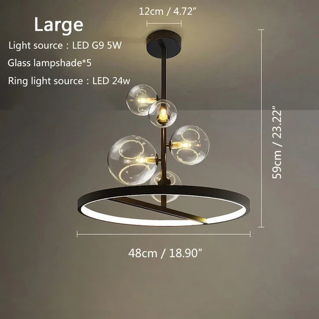 suspension lumineuse moderne sphères verre transparent anneaux métalliques noir doré grisclair