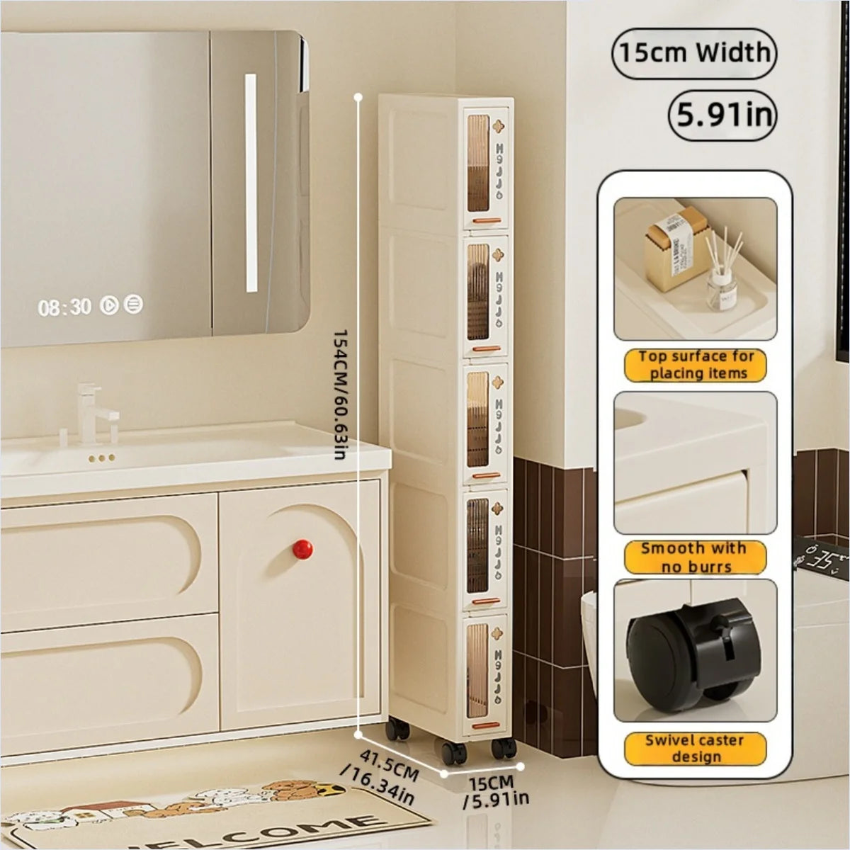 rangement mobile meuble beige compartiments tiroirs moderne minimaliste roulettes salon cuisine chambre