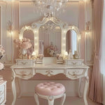 coiffeuse baroque miroir tiroirs éclairés rose poudré blanc crème doré