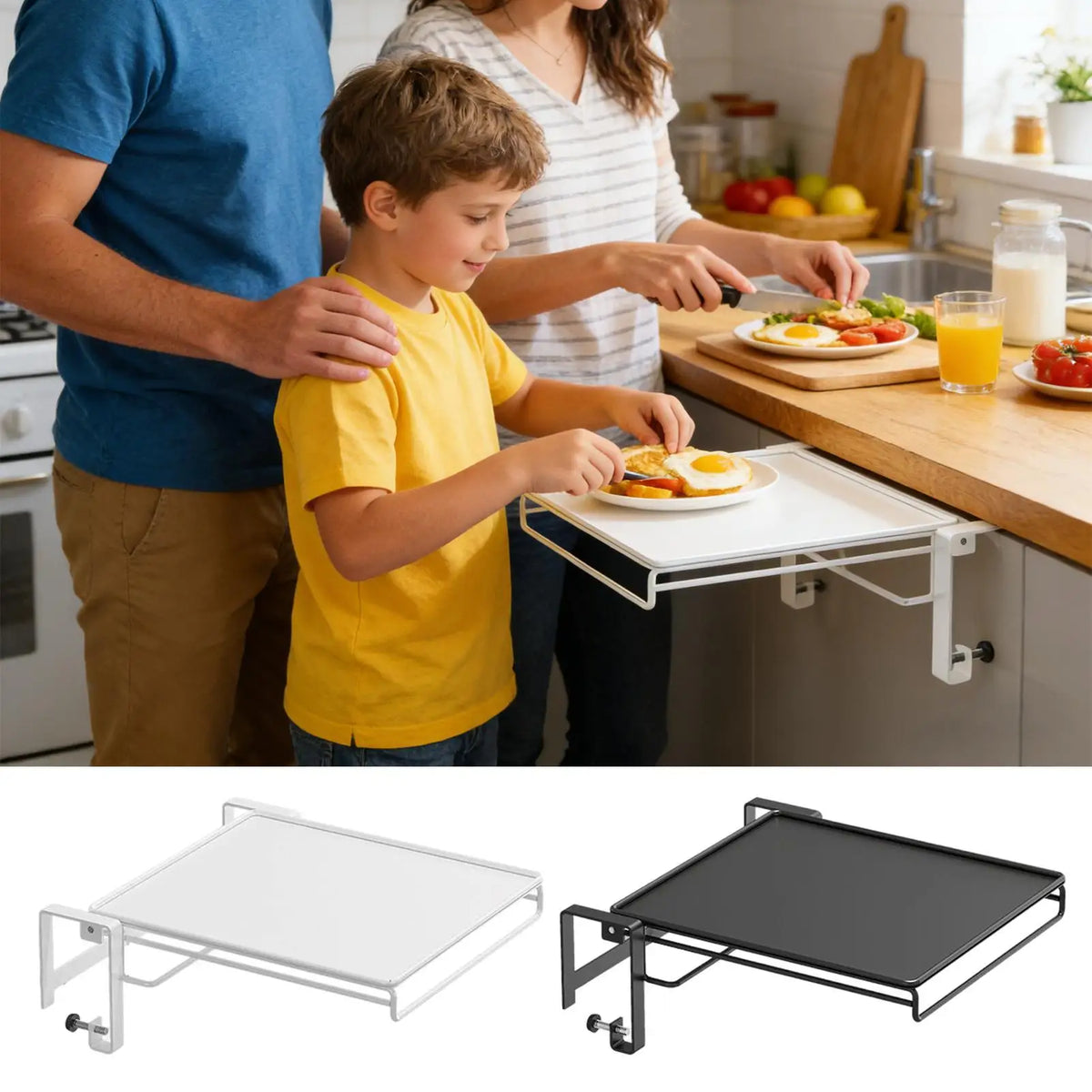 tablette cuisine pliante moderne blanc noir porte serviettes rangement clips fixations utilisation multiple kitchen