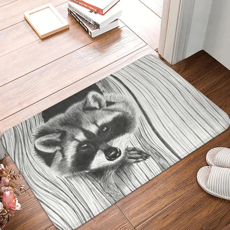 tapis d'entrée anti dérapant raton laveur moderne noir blanc gris salonextérieur