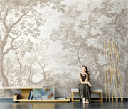 Papier peint mural TV arbre noir et blanc gris peint à la main décoration salon chambre