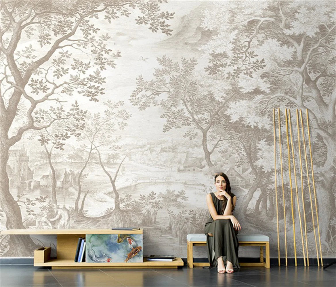 Papier peint mural TV arbre peint à la main en noir et blanc gris pour salon