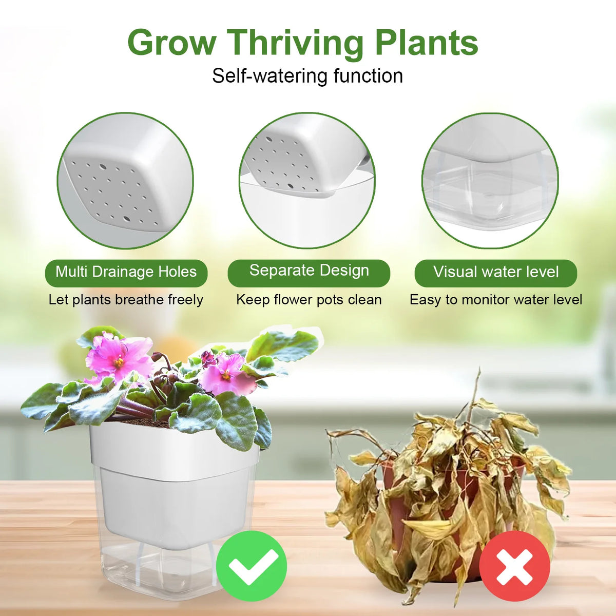 pots plantes auto arrosants blancs moderne grille drainage transparent minimaliste